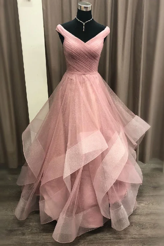 Stylish Jackets Pink tulle off shoulder long prom dress, pink evening dress