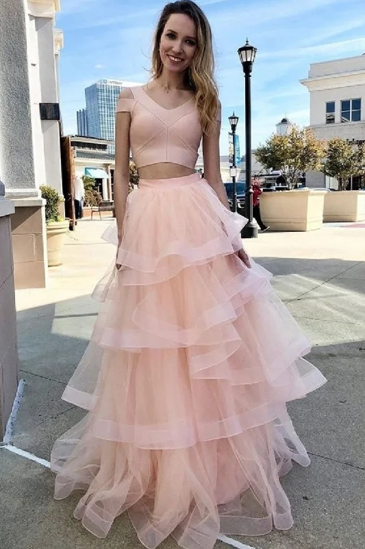 Cozy Fashions Pink two pieces tulle long prom dress, pink evening dress