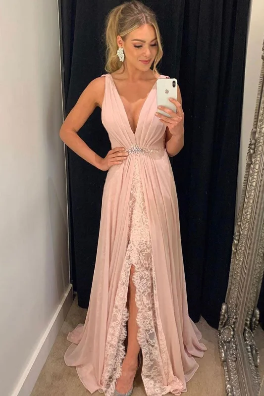 Classic Comfort Pink v neck chiffon lace long prom dress, pink evening dress