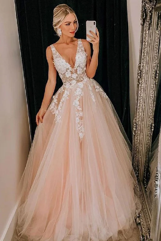 Casual Fit Wear Pink v neck tulle lace long prom dress, pink formal dress