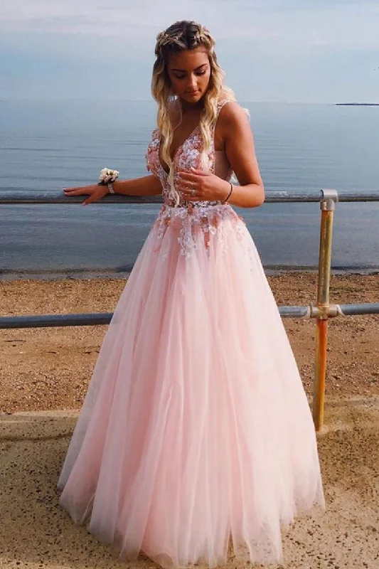Relaxed Tops Pink v neck tulle lace long prom dress, pink tulle evening dress