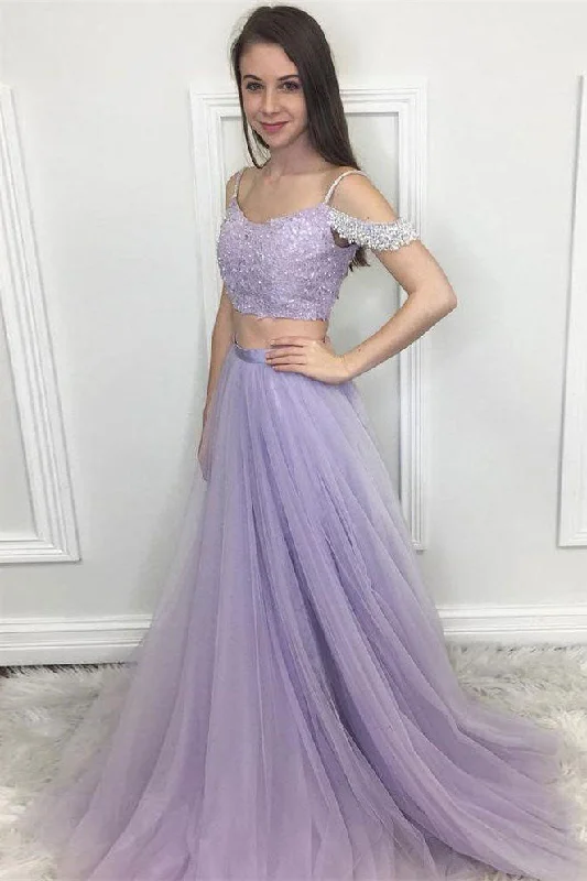 Versatile Style Purple tulle lace two pieces long prom dress, tulle formal dress