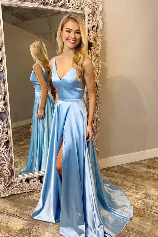 Comfortable Tops Simple blue v neck long prom dress, blue formal dress