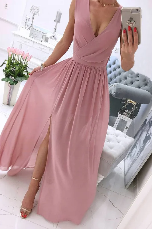 Sporty Comfort Simple chiffon pink long prom dress, pink evening dress