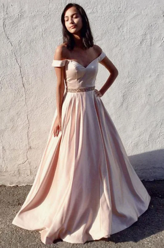 Soft Looks Simple off shoulder satin long prom dress, evening dress