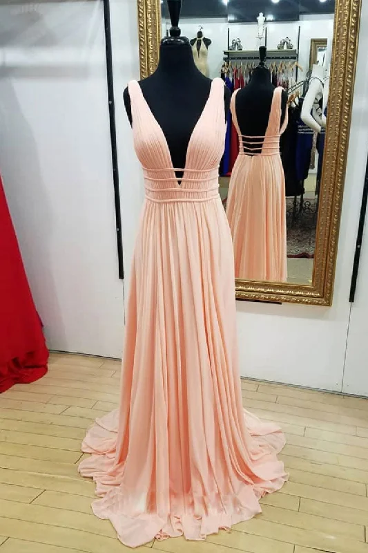 Easy Wear Chic Simple pink chiffon long prom dress, pink evening dress