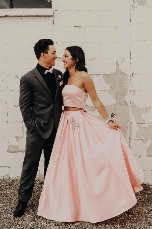 Soft Fabric Looks Simple two pieces satin long prom dress, pink evening dress