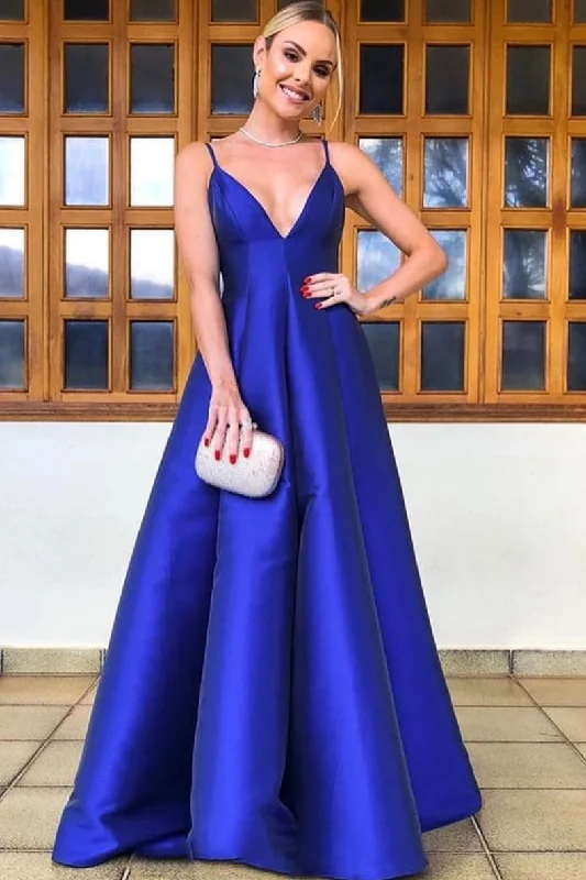 Comfy Chic Wear Simple v neck blue satin long prom dress, blue evening dress