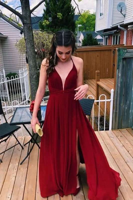 Easy Comfort Style Simple v neck chiffon burgundy long prom dress, burgundy evening dress