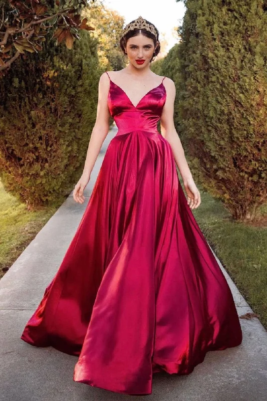 Breathable Style Simple v neck satin long prom dress, red evening dress