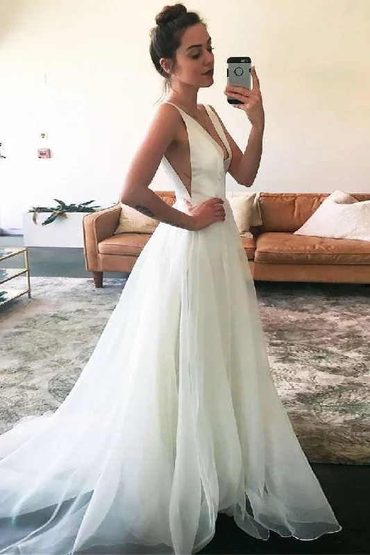 Relaxed Chic Simple v neck tulle long prom dress, white evening dress
