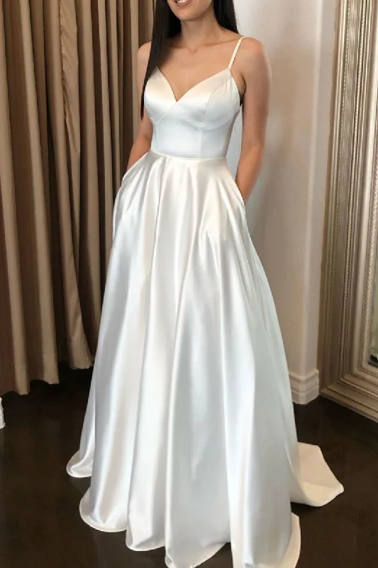 Timeless Style Simple v neck white long prom dress, white formal dress