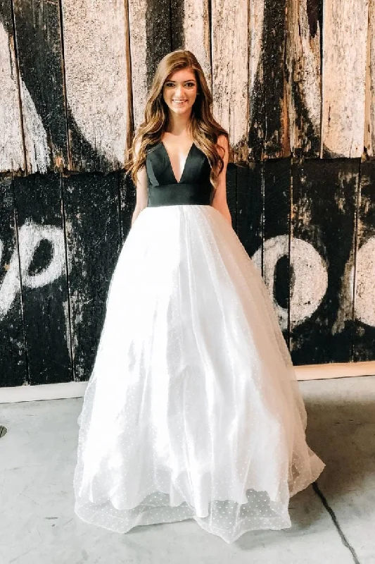 Soft Layers Simple v neck white tulle long prom dress, white tulle evening dress