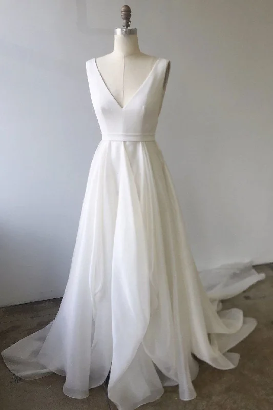 Relaxed Fashion Simple white v neck tulle long prom dress, white evening dress