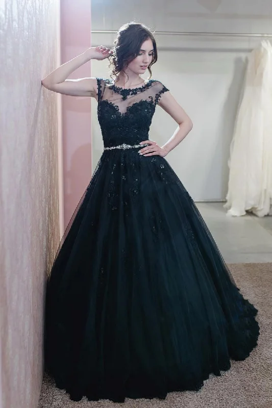 Comfy Layers Unique round neck tulle lace long prom dress, tulle evening dress