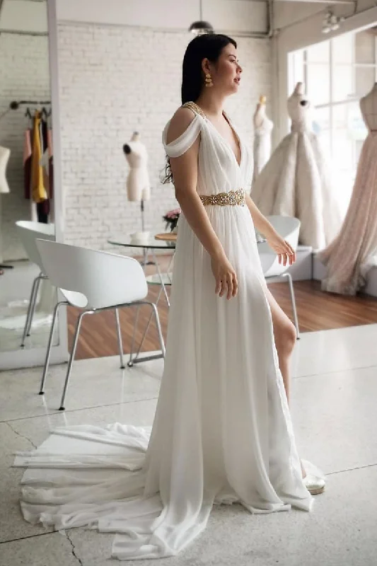 Easy Comfort Style White off shoulder chiffon long prom dress, white evening dress