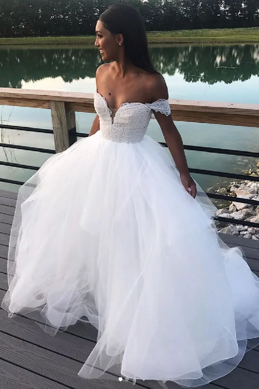 Cozy Knits White tulle lace long prom dress, tulle evening dress