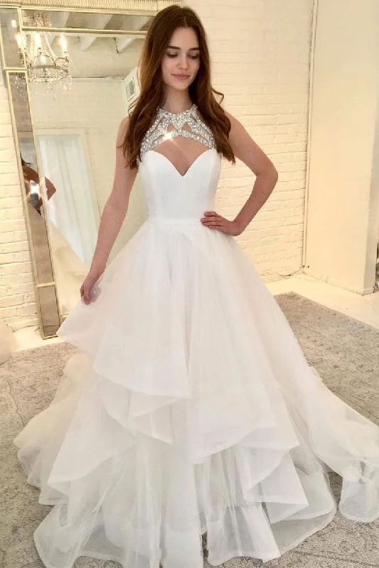 Elegant Casuals White tulle long prom dress, white tulle evening dress