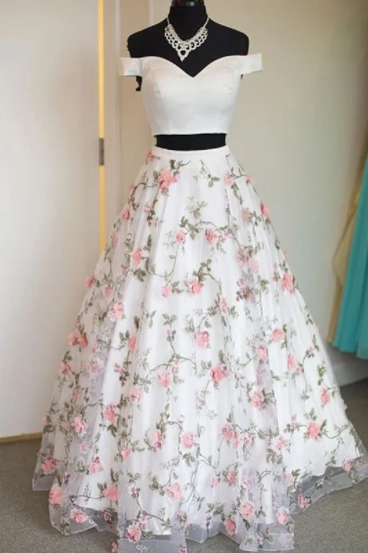 Everyday Style White two pieces tulle long prom dress, tulle evening dress