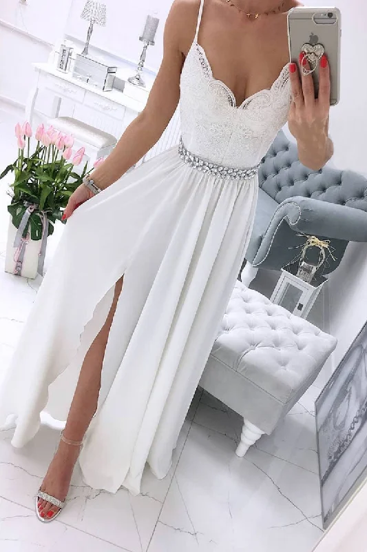 Comfortable Chic White v neck chiffon lace long prom dress, white formal dress