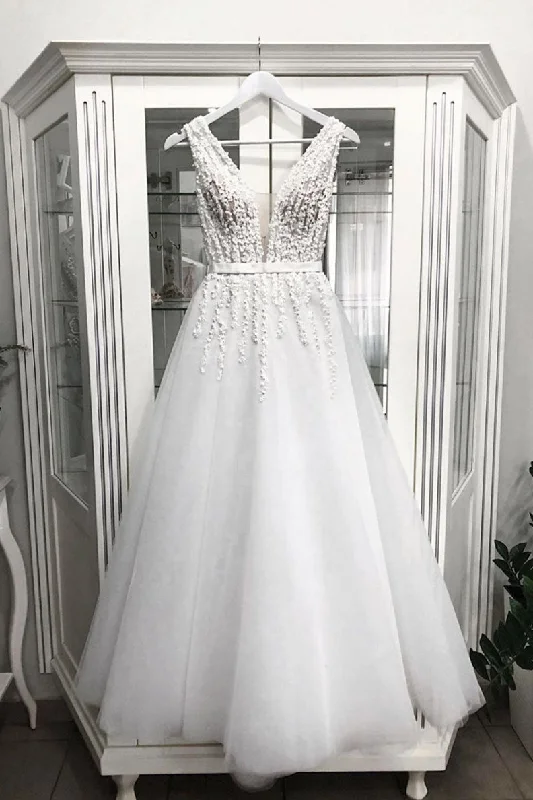 Soft Textures White v neck tulle tea Length prom dress, tulle evening dress
