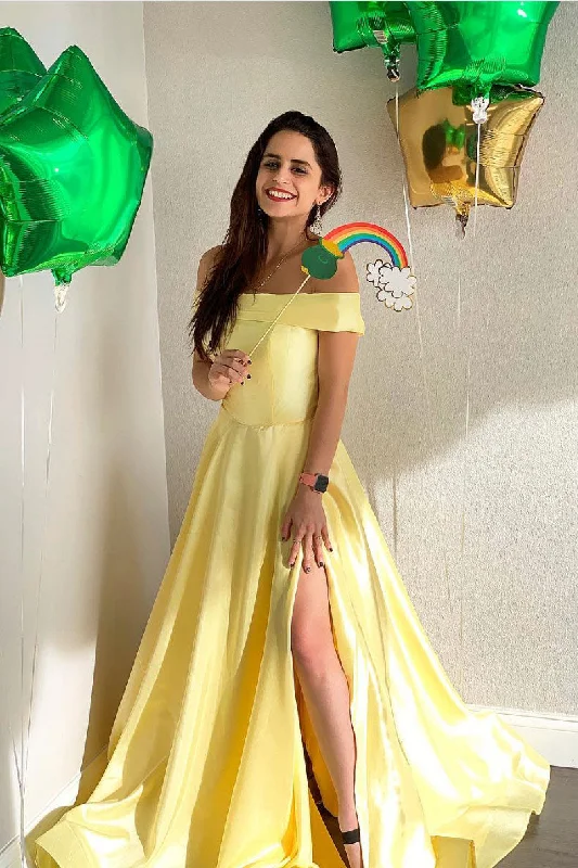 Light Fit Yellow satin long prom dress, yellow evening dress