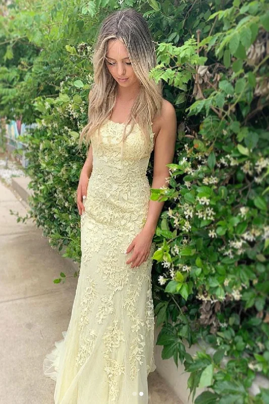 Effortless Outfits Yellow tulle lace backless long evening dress, yellow prom dress