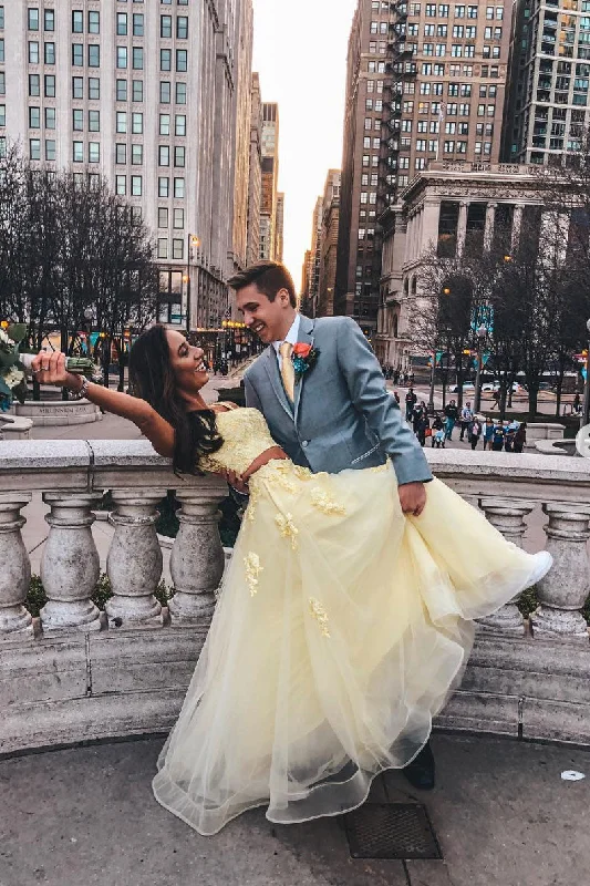 Soft Casuals Yellow two pieces lace long prom dress, sweet 16 dress