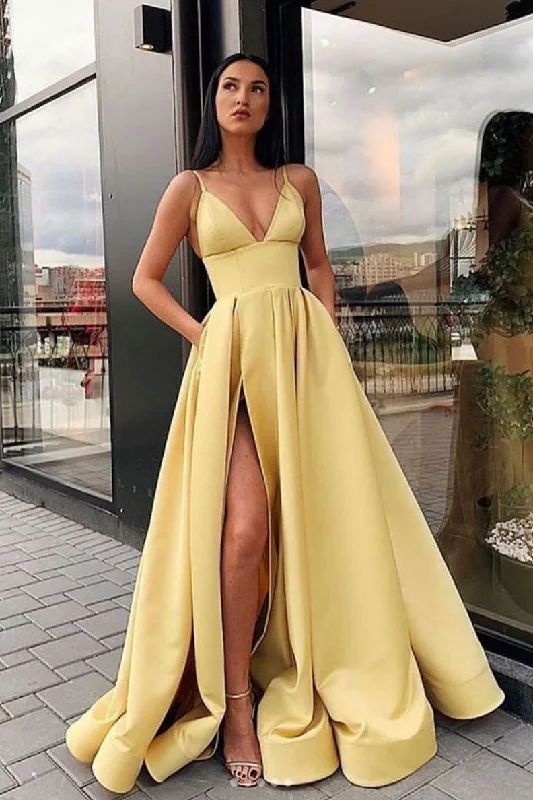 Relaxed Jackets Yellow v neck satin long prom dress, yellow evening dress